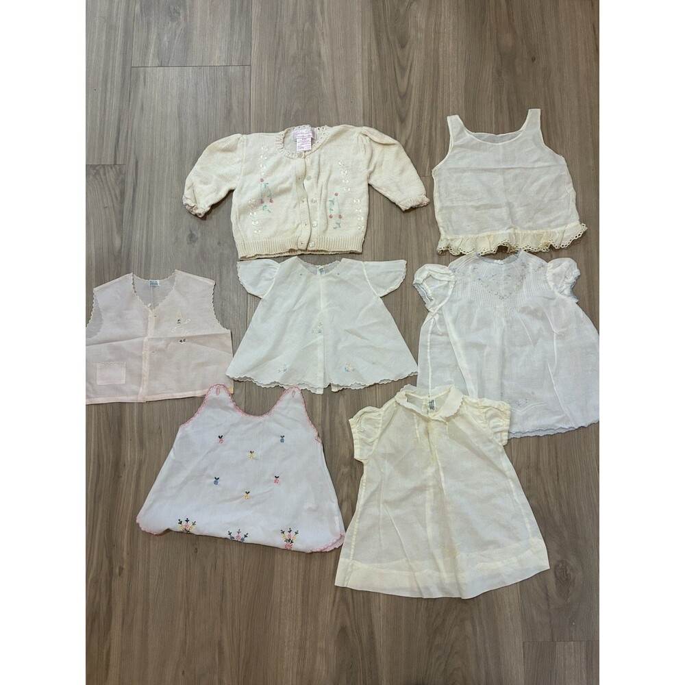 Vtg Baby Gowns Dresses Diaper Shirt Sweater Lot of 7 Cotton Embroidered 0-6 Mnth